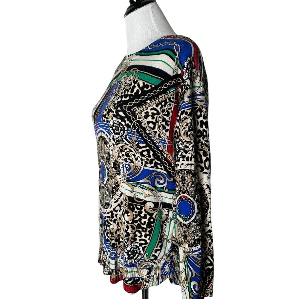 Baroque Medallion Scarf Print Long Sleeve Tunic Blouse Leopard Knit M Blue Multi - Picture 7 of 13